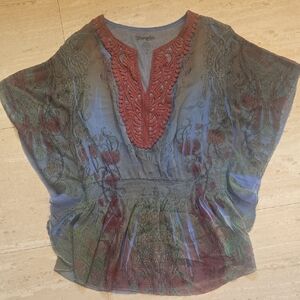 Wrangler Sheer Multi-Color Crochet Accent Butterfly Sleeve Top